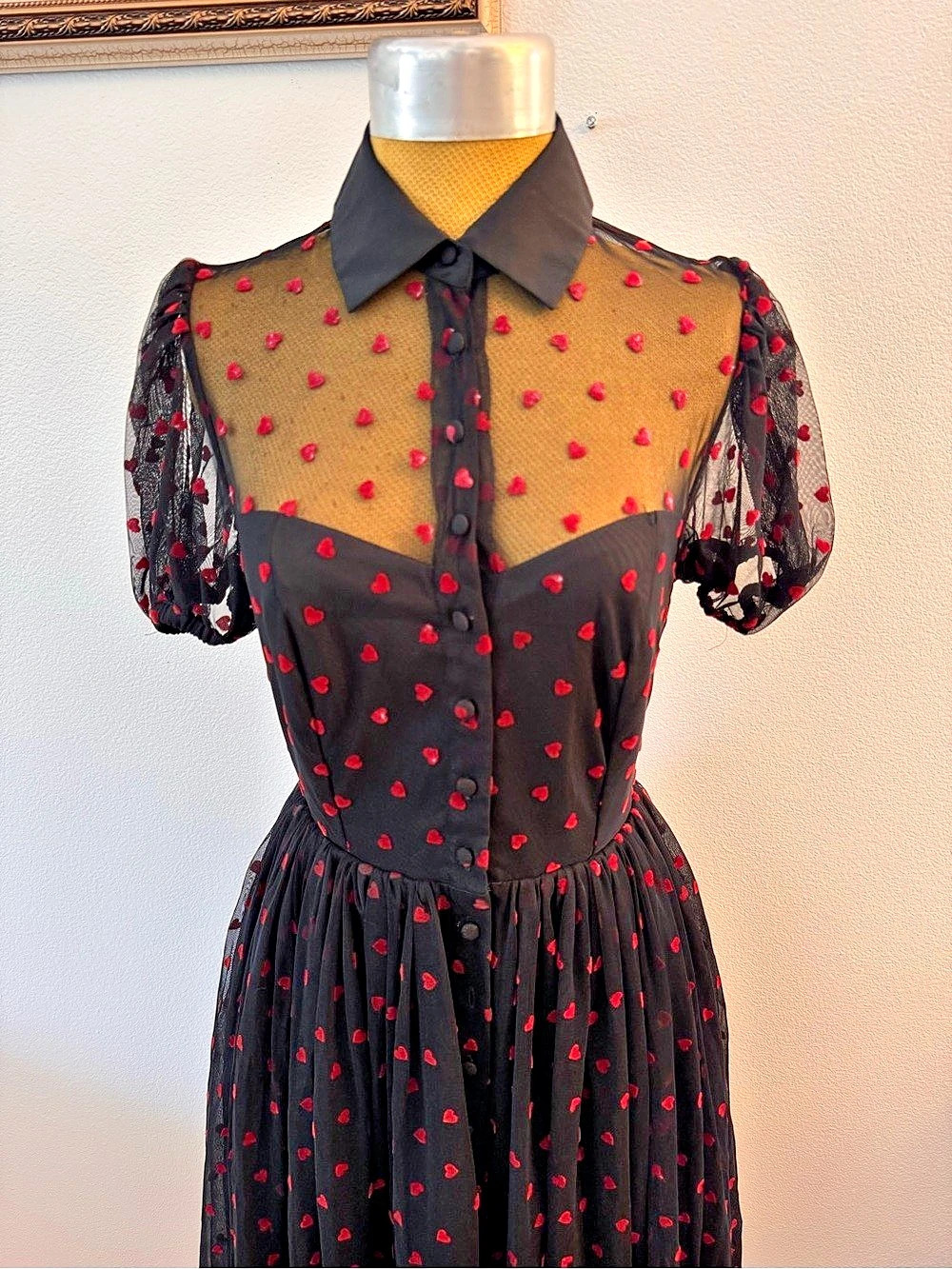 The Vintage Shop Black Red Heart Mesh Dress Size S/4 Retro Romantic - Picture 3 of 8
